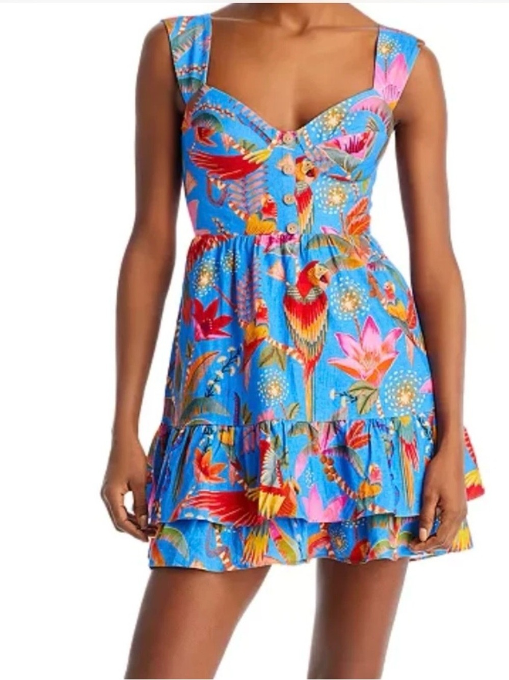 Farm Rio Macaw Blue Tiered Linen Blend Mini Dress XS - Picture 5 of 14